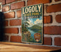 A vintage-style metal sign for Logo State Park in Arkansas, featuring a scenic landscape with a river and mountains.