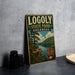 A vintage-style sign for Logoly State Park in Arkansas, featuring a scenic landscape with a river and forest.