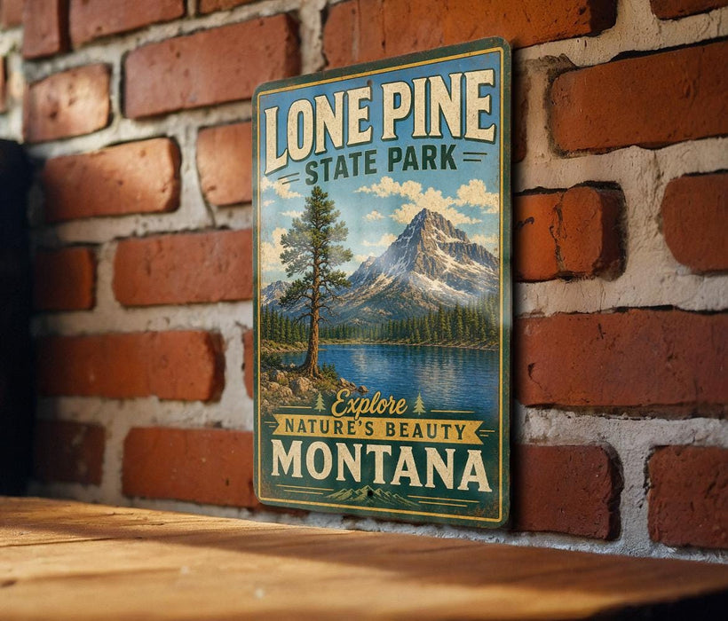 A vintage-style metal sign for Lone Pine State Park, featuring a scenic mountain landscape and a lake, is displayed on a brick wall.