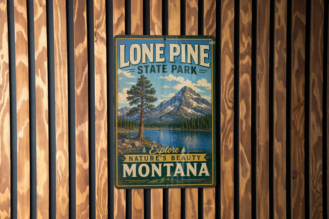 A vintage-style metal sign for Lone Pine State Park, featuring a scenic mountain landscape and a pine tree.