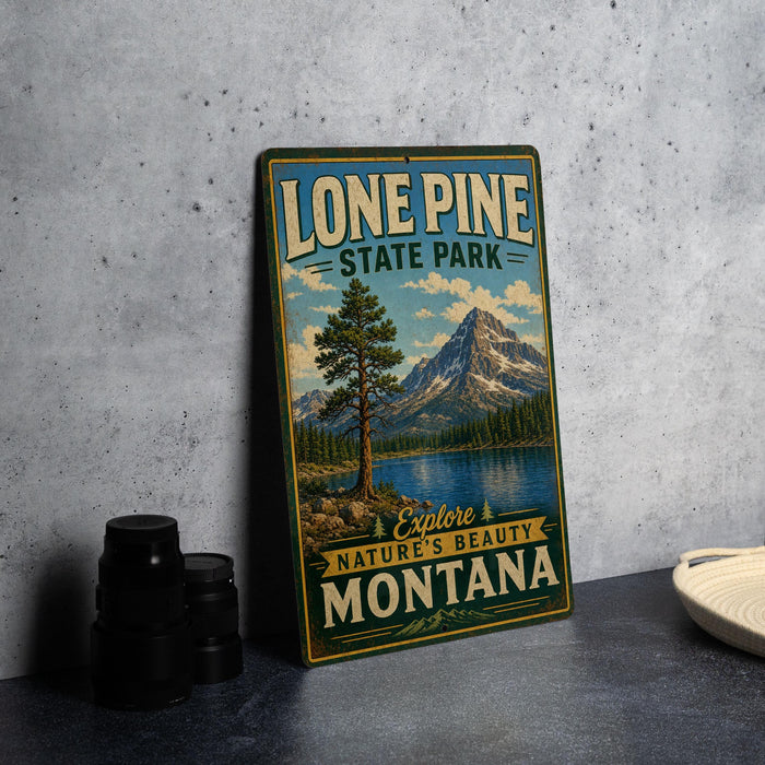A vintage-style metal sign for Lone Pine State Park, featuring a scenic mountain landscape with a pine tree and a lake.