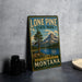 A vintage-style metal sign for Lone Pine State Park, featuring a scenic mountain landscape with a pine tree and a lake.