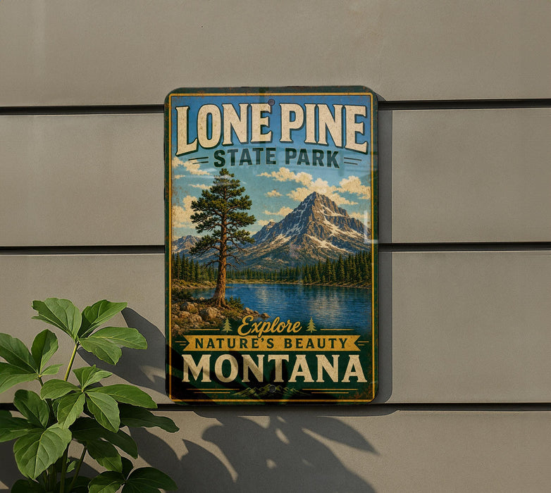 A vintage-style metal sign for Lone Pine State Park, featuring a scenic mountain landscape with a lake and pine trees.