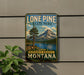 A vintage-style metal sign for Lone Pine State Park, featuring a scenic mountain landscape with a lake and pine trees.