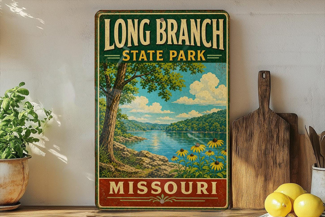 A vintage-style sign for Long Branch State Park in Missouri, featuring a scenic landscape with a lake, trees, and flowers.
