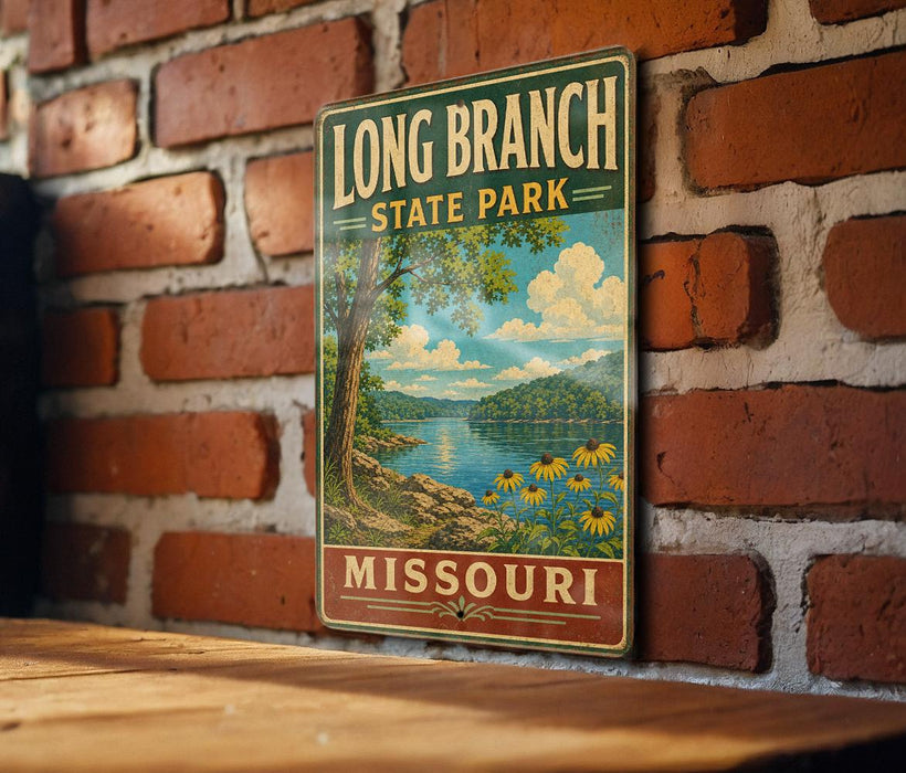 A vintage-style metal sign for Long Branch State Park in Missouri, featuring a scenic landscape with a lake, trees, and flowers.