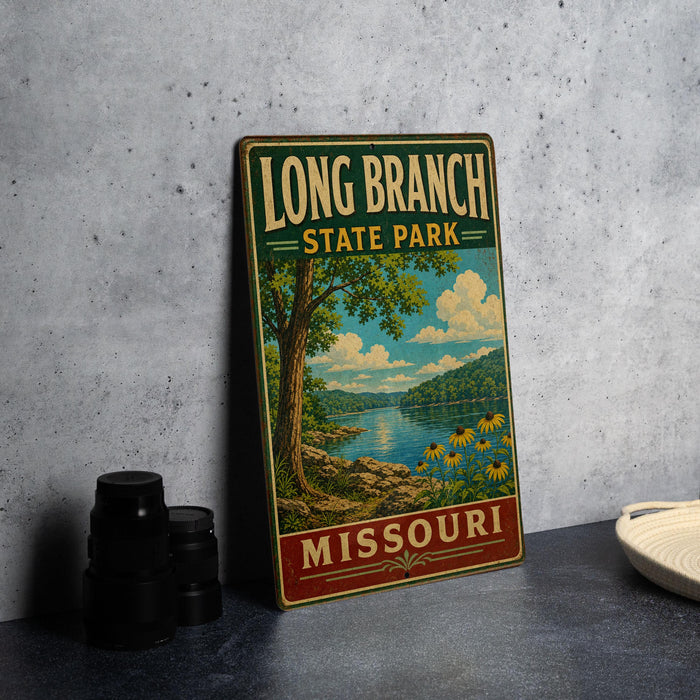 A vintage-style metal sign for Long Branch State Park in Missouri, featuring a scenic landscape with a river, trees, and flowers.