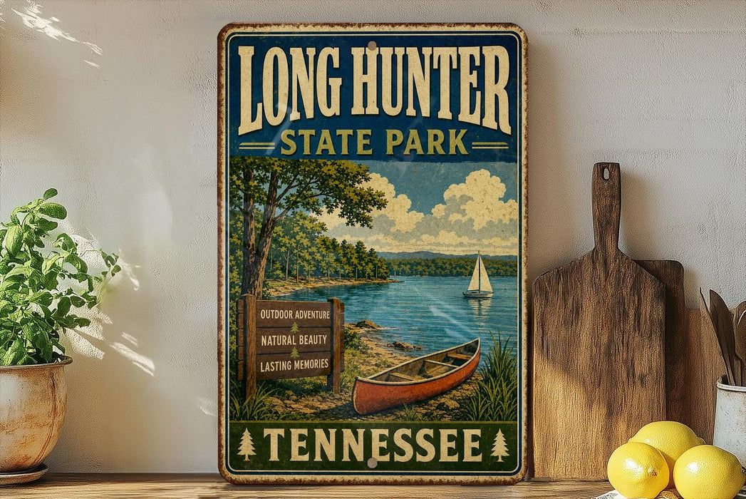 A vintage-style sign for Long Hunter State Park in Tennessee, featuring a scenic image of a lake, a sailboat, and a sign indicating the park's outdoor adventure, natural beauty, and lasting memories.