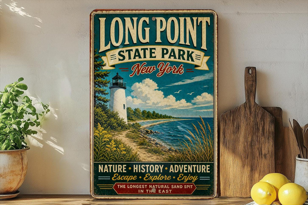A vintage-style sign for Long Point State Park in New York, featuring a lighthouse and a scenic coastal landscape.