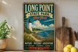 A vintage-style sign for Long Point State Park in New York, featuring a lighthouse and a scenic coastal landscape.