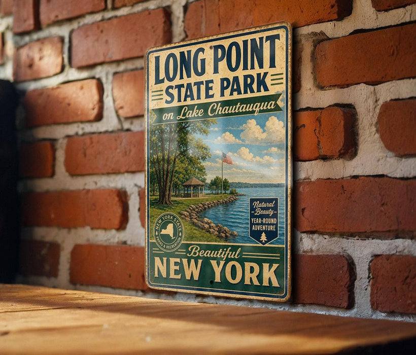 A vintage metal sign for Long Point State Park on Lake Chautauqua, featuring a scenic illustration of the park and its surroundings.
