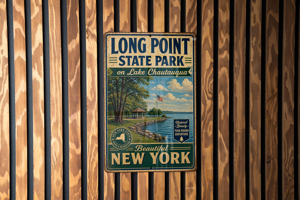 A vintage metal sign for Long Point State Park on Lake Chautauqua, featuring a scenic image of the park and the surrounding landscape.