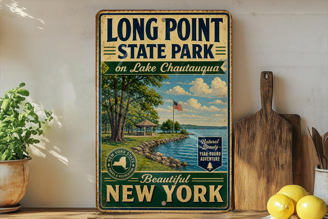 A vintage-style sign for Long Point State Park on Lake Chautauqua, featuring a scenic image of the park and its surroundings.