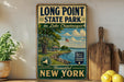A vintage-style sign for Long Point State Park on Lake Chautauqua, featuring a scenic image of the park and its surroundings.