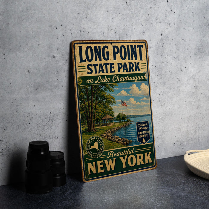 A vintage-style metal sign for Long Point State Park on Lake Chautauqua, featuring a scenic image of the park and its surroundings.