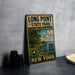 A vintage-style metal sign for Long Point State Park on Lake Chautauqua, featuring a scenic image of the park and its surroundings.