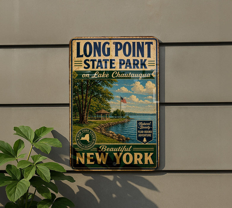 A vintage-style metal sign for Long Point State Park on Lake Chautauqua, featuring a scenic image of the park and its surroundings.