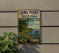 A vintage-style metal sign for Long Point State Park on Lake Chautauqua, featuring a scenic image of the park and its surroundings.