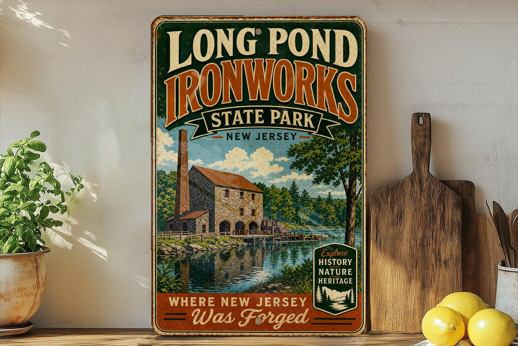 A vintage-style sign for Long Pond Ironworks State Park in New Jersey, featuring an illustration of a stone building and a river.