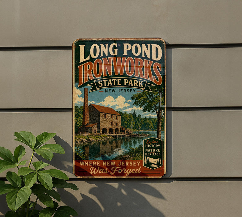 A vintage metal sign for Long Pond Ironworks State Park in New Jersey, featuring a scenic illustration of a building and a pond.