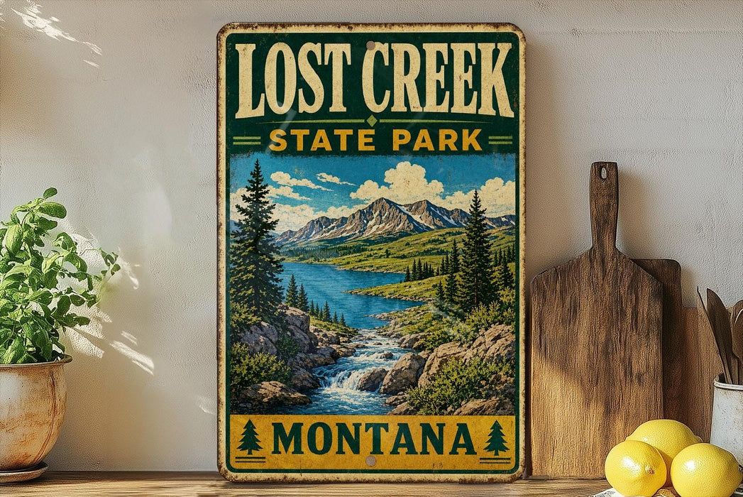 a vintage-style sign for Lost Creek State Park in Montana, with a scenic mountain landscape and a waterfall.
