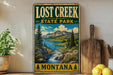 a vintage-style sign for Lost Creek State Park in Montana, with a scenic mountain landscape and a waterfall.