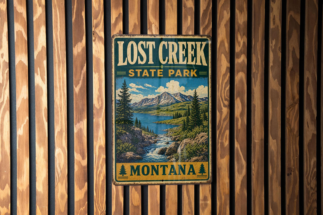 A vintage metal sign for Lost Creek State Park in Montana, featuring a scenic landscape with mountains, a river, and pine trees.