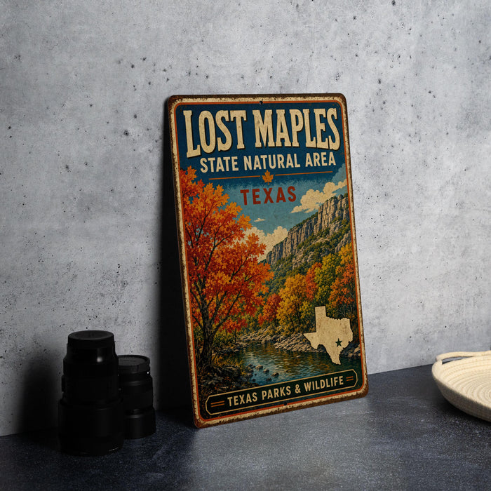 A vintage-style sign for Lost Maple State Natural Area in Texas, featuring a scenic illustration of a river and autumn trees.
