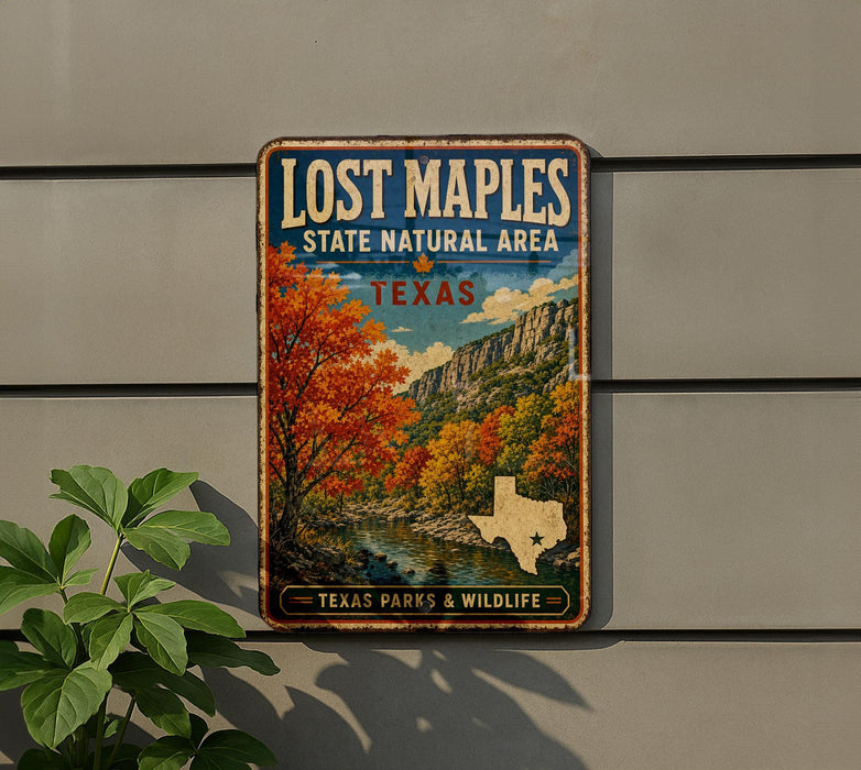 A vintage-style sign for Lost Maple State Natural Area in Texas, featuring a scenic landscape with autumn trees and a river.