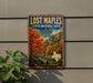 A vintage-style sign for Lost Maple State Natural Area in Texas, featuring a scenic landscape with autumn trees and a river.