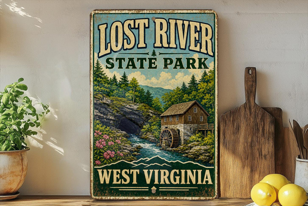 a vintage-style sign for Lost River State Park in West Virginia, with a scenic illustration of a river, forest, and a mill.