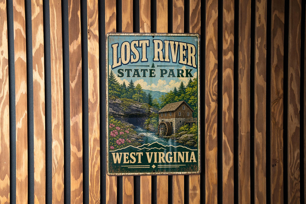 A vintage-style metal sign for Lost River State Park in West Virginia, featuring a scenic illustration of a river, forest, and a mill.