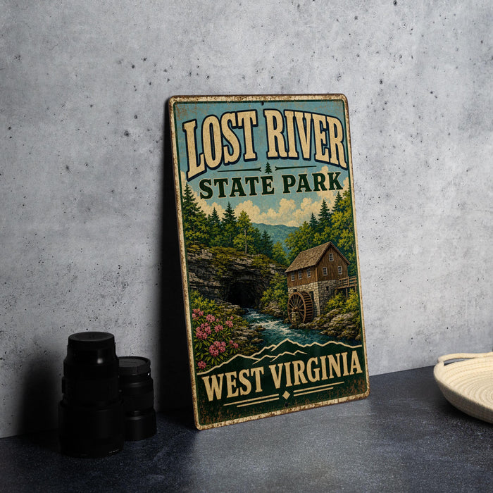 a vintage-style sign for Lost River State Park in West Virginia, with a scenic illustration of a river, forest, and a mill.