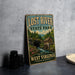 a vintage-style sign for Lost River State Park in West Virginia, with a scenic illustration of a river, forest, and a mill.