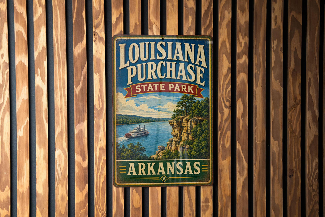 A vintage-style metal sign for Louisiana Purchase State Park in Arkansas, featuring a scenic image of a river and a steamboat.
