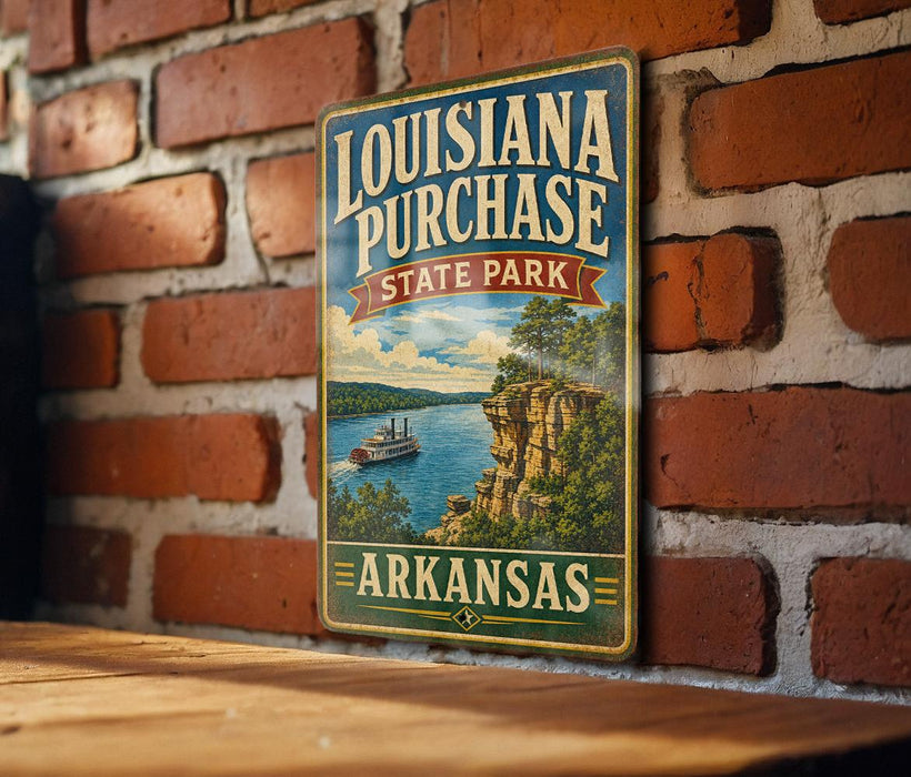 A vintage-style sign for Louisiana Purchase State Park in Arkansas, featuring a scenic illustration of a river and a cliff overlooking the water.