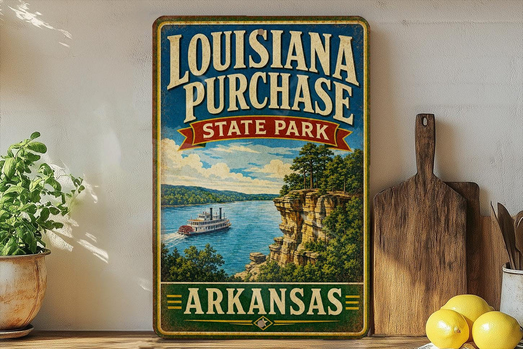 A vintage-style sign for Louisiana Purchase State Park in Arkansas, featuring a scenic illustration of a river and a steamboat.
