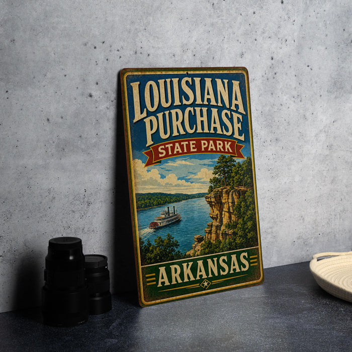 A vintage-style sign for Louisiana Purchase State Park in Arkansas, featuring a scenic illustration of a river and a steamboat.