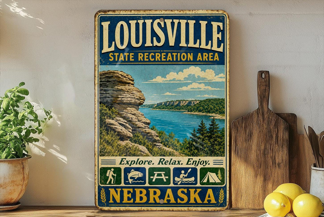 A vintage-style sign for the Louisville State Recreation Area in Nebraska, featuring a scenic landscape with a lake and mountains.