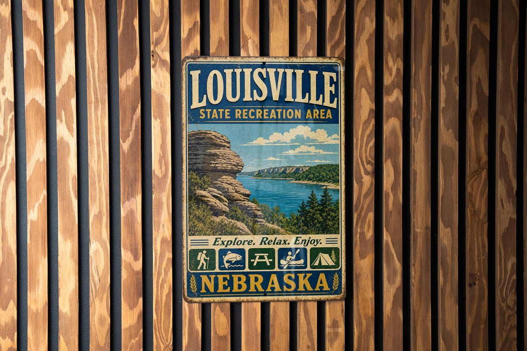 A vintage metal sign for the Louisville State Recreation Area in Nebraska, featuring a scenic landscape with a lake and mountains.