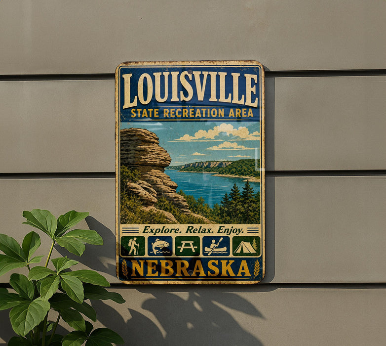 A vintage-style metal sign for the Louisville State Recreation Area in Nebraska, featuring a scenic landscape with mountains, water, and hiking trails.