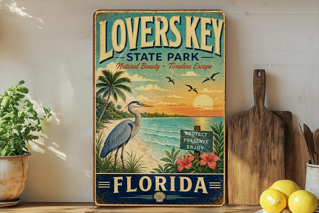 A vintage-style sign for "Lovers Key State Park" in Florida, featuring a beach scene with a heron, palm trees, and a sunset.