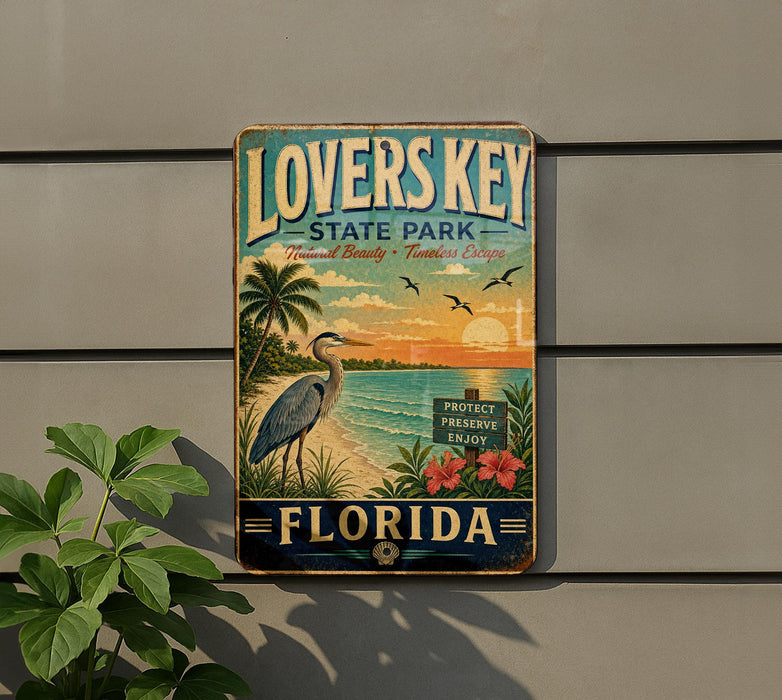 A vintage-style sign for "Lovers Key State Park" in Florida, featuring a beach scene with palm trees, a crane, and a sunset.