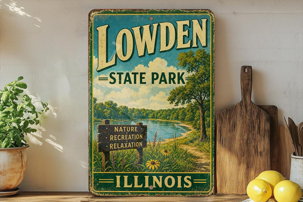 A vintage-style sign for Lowden State Park in Illinois, featuring a scenic landscape with a river, trees, and a sign indicating the park's nature, recreation, relaxation, and nature.