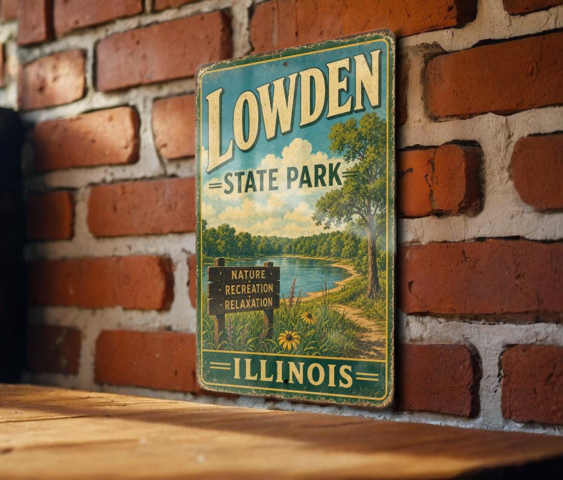 A vintage-style sign for Lowden State Park in Illinois, featuring a scenic landscape with a lake and trees, mounted on a brick wall.