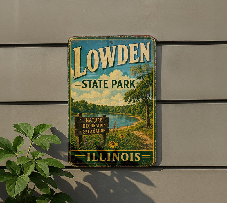 A vintage-style sign for Lowden State Park in Illinois, featuring a scenic landscape with a lake, trees, and a sign indicating the park's nature, recreation, and relaxation areas.
