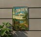 A vintage-style sign for Lowden State Park in Illinois, featuring a scenic landscape with a lake, trees, and a sign indicating the park's nature, recreation, and relaxation areas.