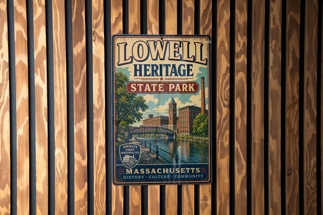 A vintage metal sign for Lowell Heritage State Park, featuring an illustration of a bridge and buildings, mounted on a wooden wall.