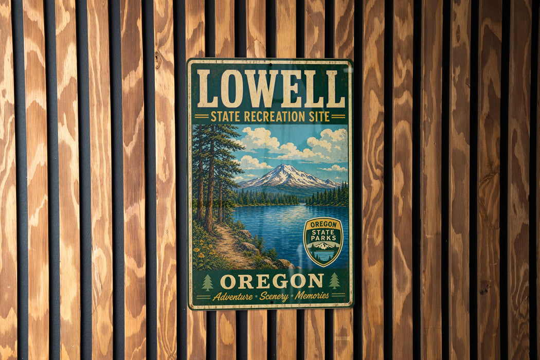 A vintage-style metal sign for the Lowell State Recreation Site in Oregon, featuring a scenic landscape with a mountain, lake, and forest.