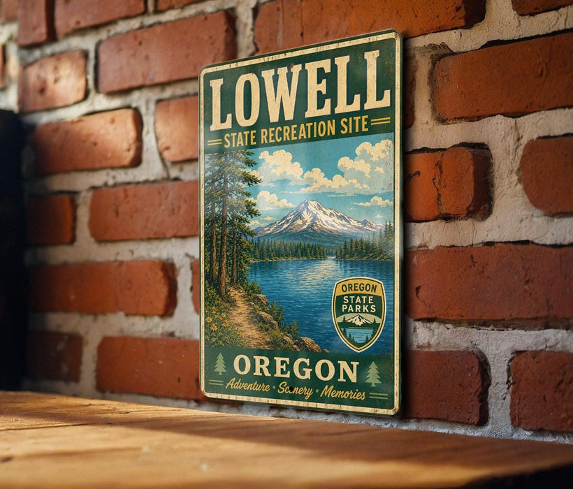 A vintage metal sign for the Lowell State Recreation Site in Oregon, featuring a scenic landscape with a mountain, lake, and forest.